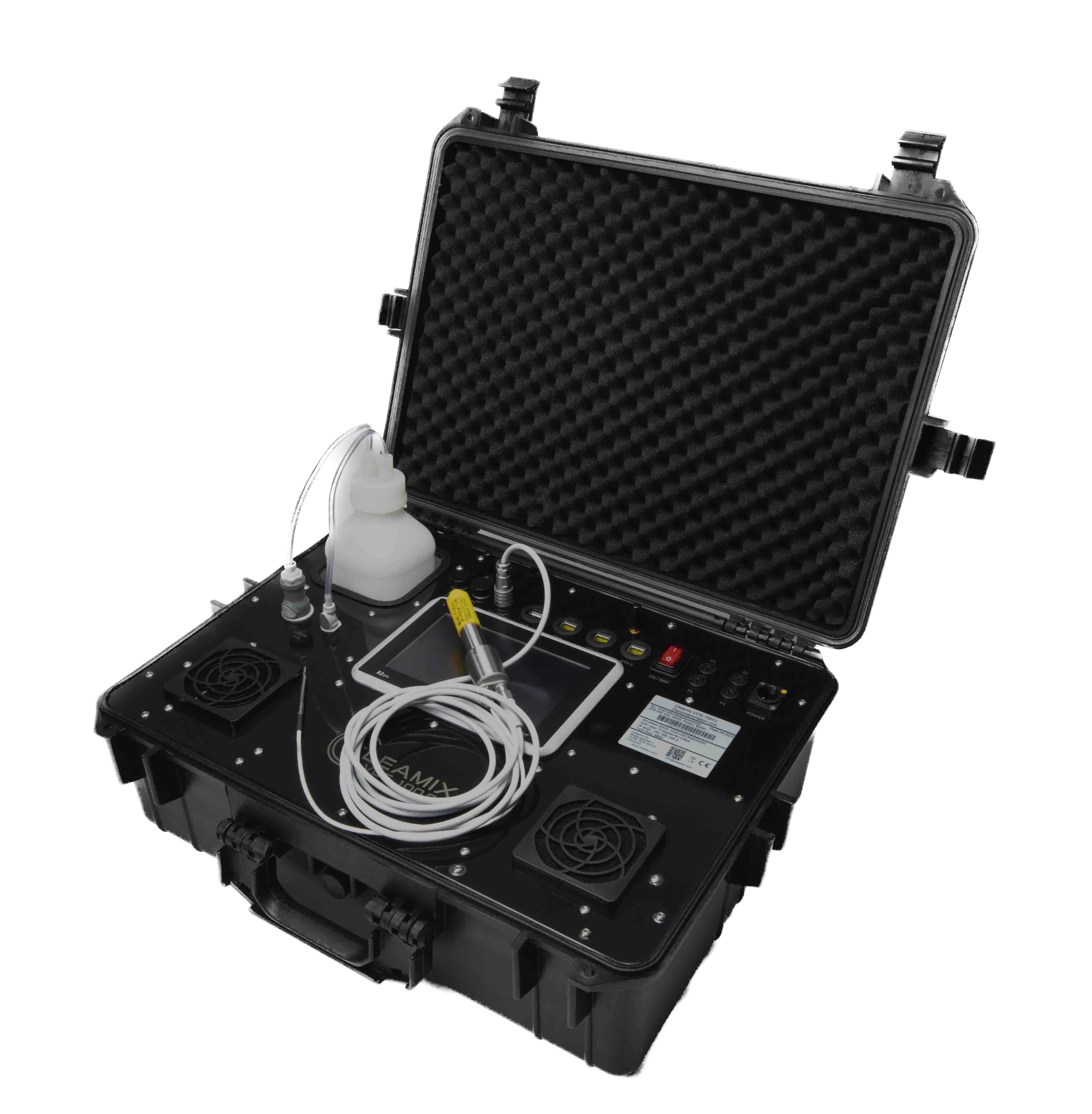 VCS-100CR briefcase open with bottle, controller, and coiled cable