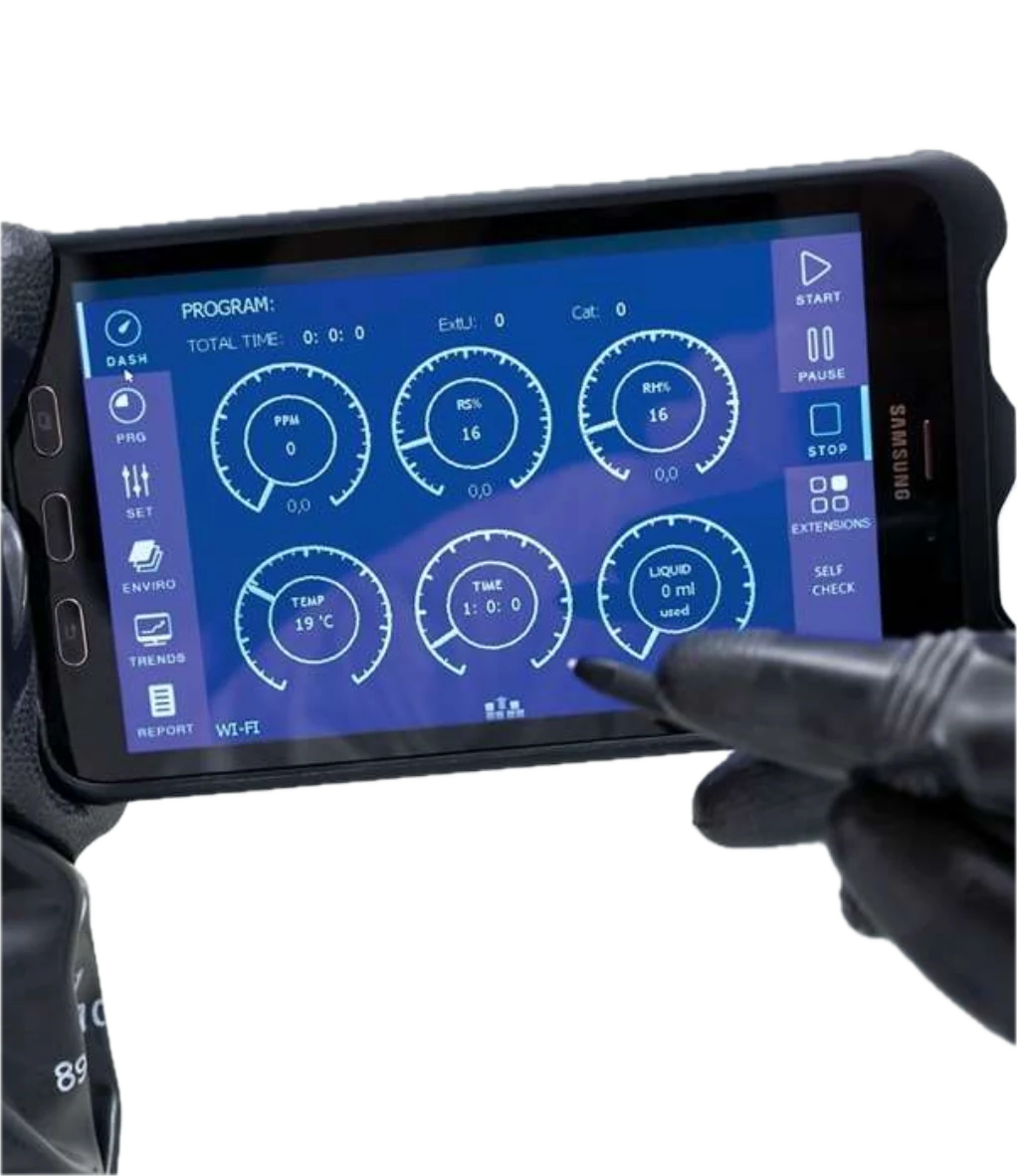 Rugged tablet HMI displaying live decontamination cycle dashboard